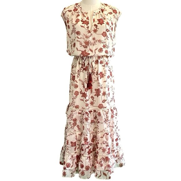 Rebecca Minkoff Sleeveless Blouson Drawstring Waist Cream Floral Dress Size M - Picture 2 of 6